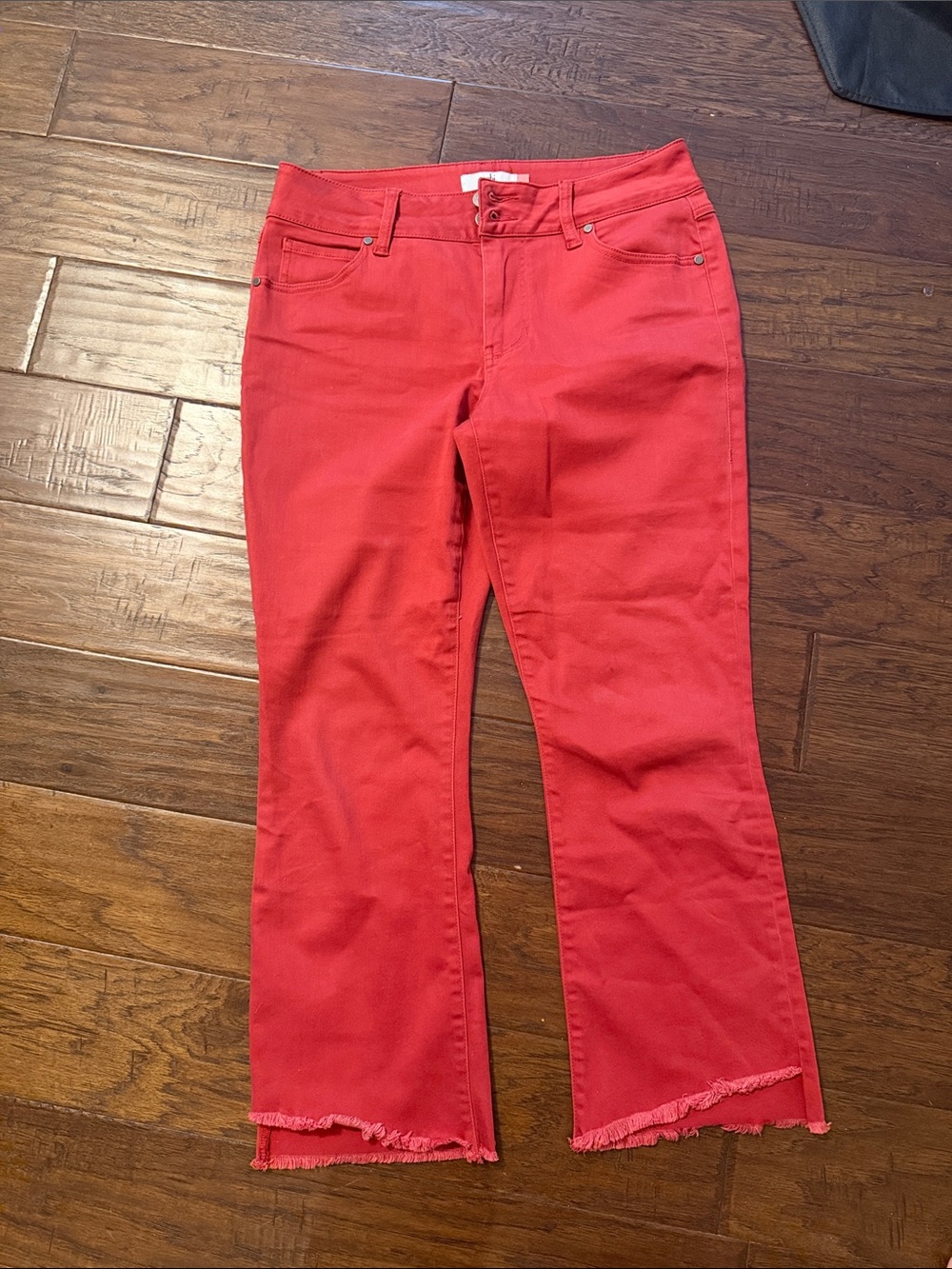 CAbi Bright Red Flare Jeans with Frayed Hem